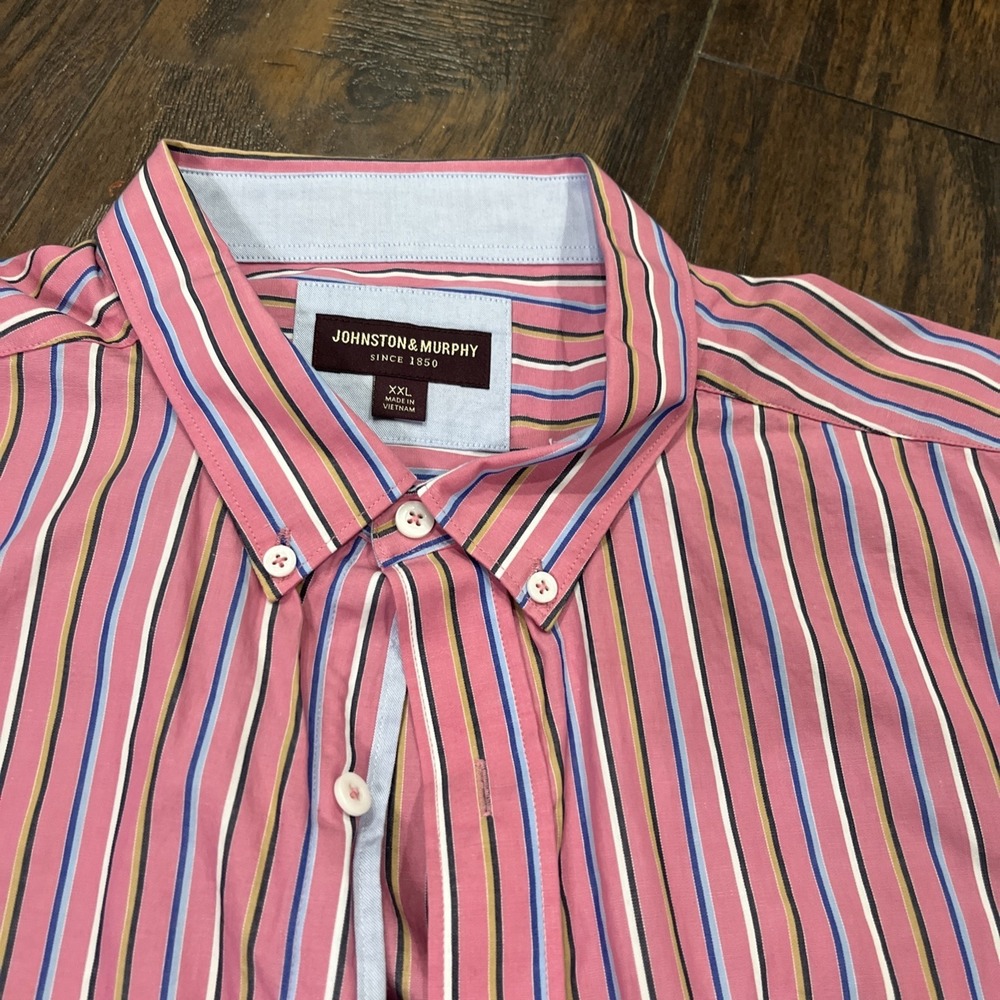 Johnston‎ & Murphy Men's Shirt Button Up /Short Sleeve /Size XXL / Pink Striped